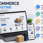 E-commerce marketing illustration showing an online store with SEO, social media marketing, paid ads, email marketing, and sales growth strategies.